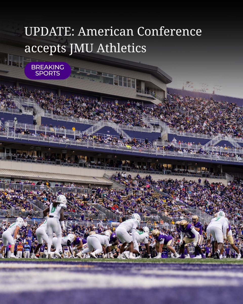TheBreezeJMU's tweet photo. BREAKING SPORTS | JMU BoV votes to move athletics into American Conference

JMU will join as full members no later than July 1, 2028. 

University president Jim Schmidt sent out an email following the announcement.

“This is an extraordinary step forward. The Madison Promise https://t.co/WbM62woTAZ