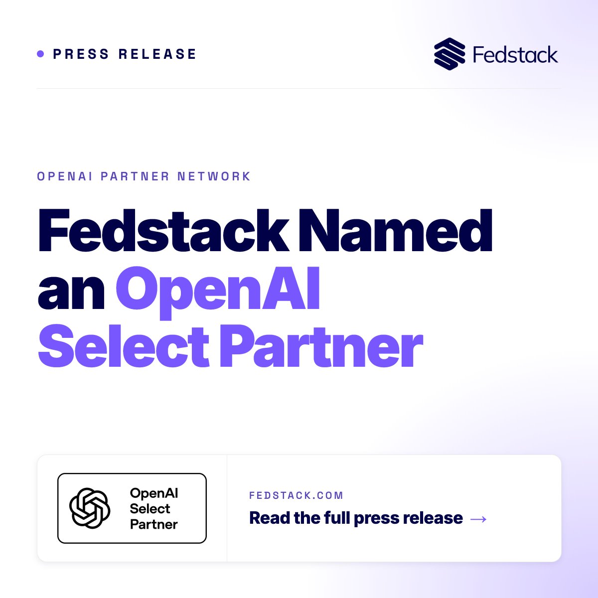 FedStack's tweet photo. Last week we shared that Fedstack is now an OpenAI Select Partner. Today, the press release is live.
Read the full release 👇
https://t.co/l7NcnHcBgI
#OpenAISelectPartner #OpenAIPartnerNetwork #FederalAI #GovTech https://t.co/07yemvPFtA