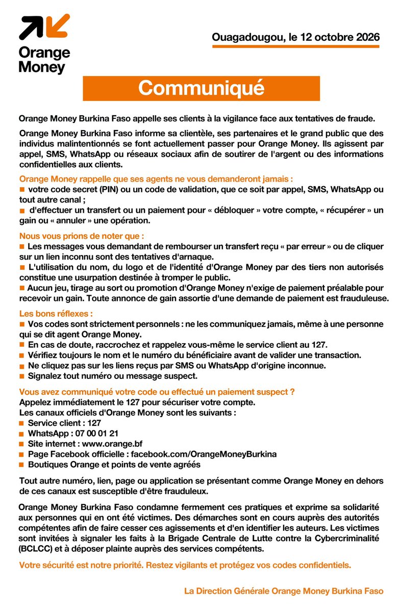 OrangeBurkina's tweet photo. 𝐂𝐨𝐦𝐦𝐮𝐧𝐢𝐪𝐮𝐞́ 𝐎𝐫𝐚𝐧𝐠𝐞 𝐌𝐨𝐧𝐞𝐲 :
Orange Money Burkina Faso appelle ses clients à la vigilance face aux tentatives de fraude.
#OrangeMoney #OrangeEstLà #Maxit https://t.co/9pBJvuG0nW