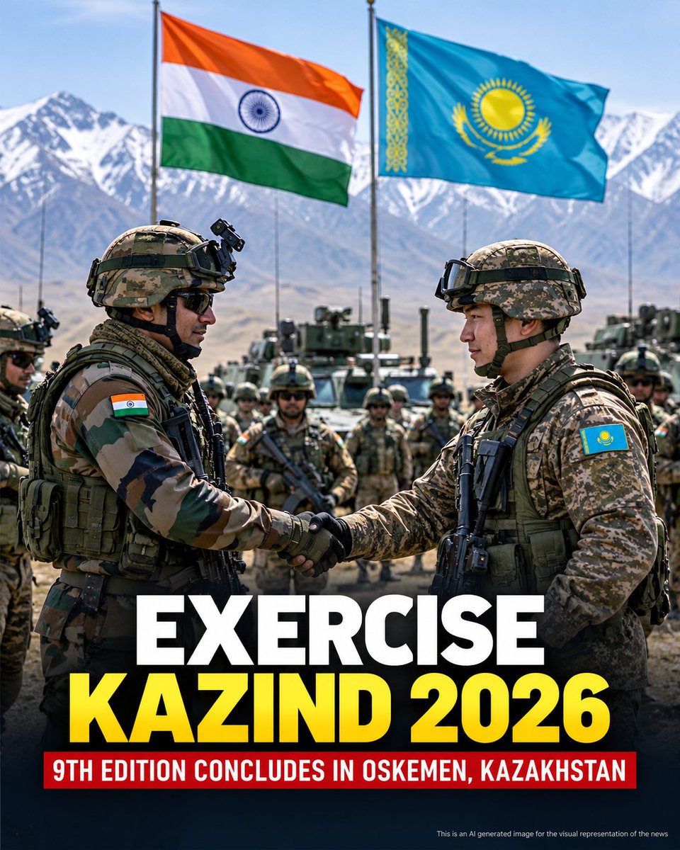 IndianDefenceT's tweet photo. The Indian Army has successfully concluded the 9th edition of Exercise KAZIND 2026 in Oskemen, Kazakhstan, strengthening military cooperation and interoperability between India and Kazakhstan.
#IndianArmy #KAZIND2026 #IndiaKazakhstan #MilitaryExercise #DefenceCooperation https://t.co/JBaASGXLkX