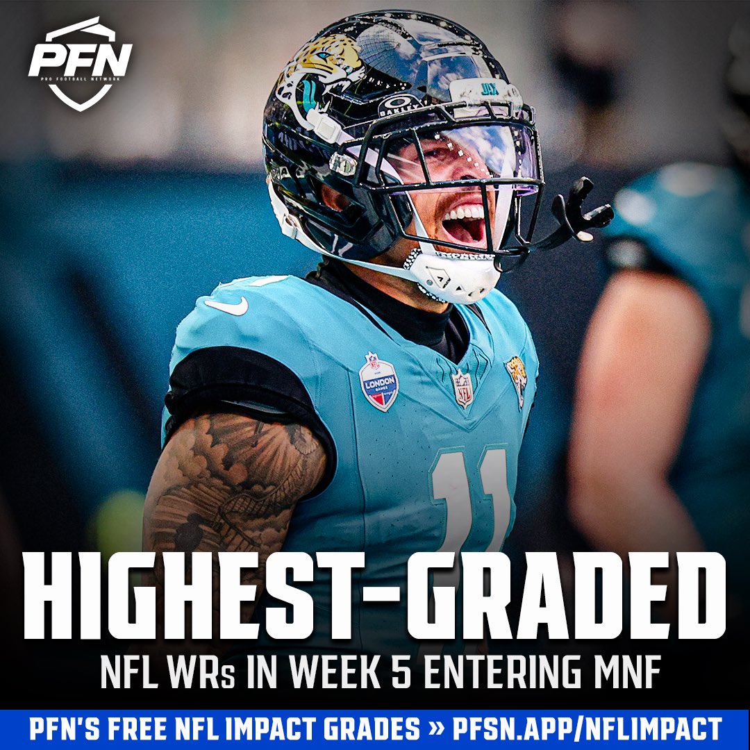 PFN365's tweet photo. 📊 The top 10 NFL wide receiver grades from Week 5 heading into MNF, per PFN’s WR Impact metric:

1. Parker Washington, JAX - 86.5
2. Mike Evans, SF - 84.7
3. Garrett Wilson, NYJ - 84.3
4. George Pickens, DAL - 83.1
T5. Drake London, ATL - 82.8
T5. Christian Watson, GB - 82.8
7. Malik Nabers, NYG - 82.4
8. Demario Douglas, NE - 81.9
9. Matthew Golden, GB - 80.7
10. Jameson Williams, DET - 79.8

*Grades are provisional