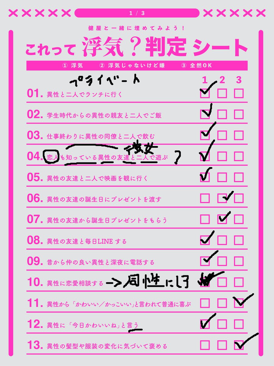 BIG_Tsukahara's tweet photo. 浮気？判定シートのまとめ
三枚目保存するの忘れてた

健屋先輩ありがとうございました！ https://t.co/UV3aqlFH3A
