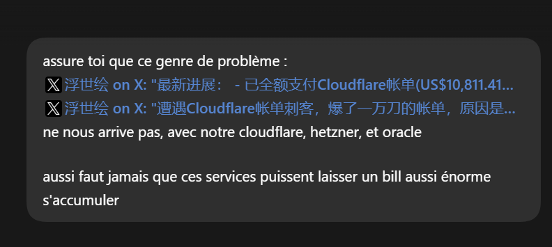 jasondupont's tweet photo. J'vois un mec qui s'est fait bill 10k par cloudflare à cause d'une erreur vibe codé, du coup premier reflexe c'est d'envoyer ça à Codex 👇

J'ai tjrs des CB avec des petits plafonds également. Et j'pense bientôt mettre les banques et processeurs de paiement, sur un PC sans IA. https://t.co/wNISeFbVeY