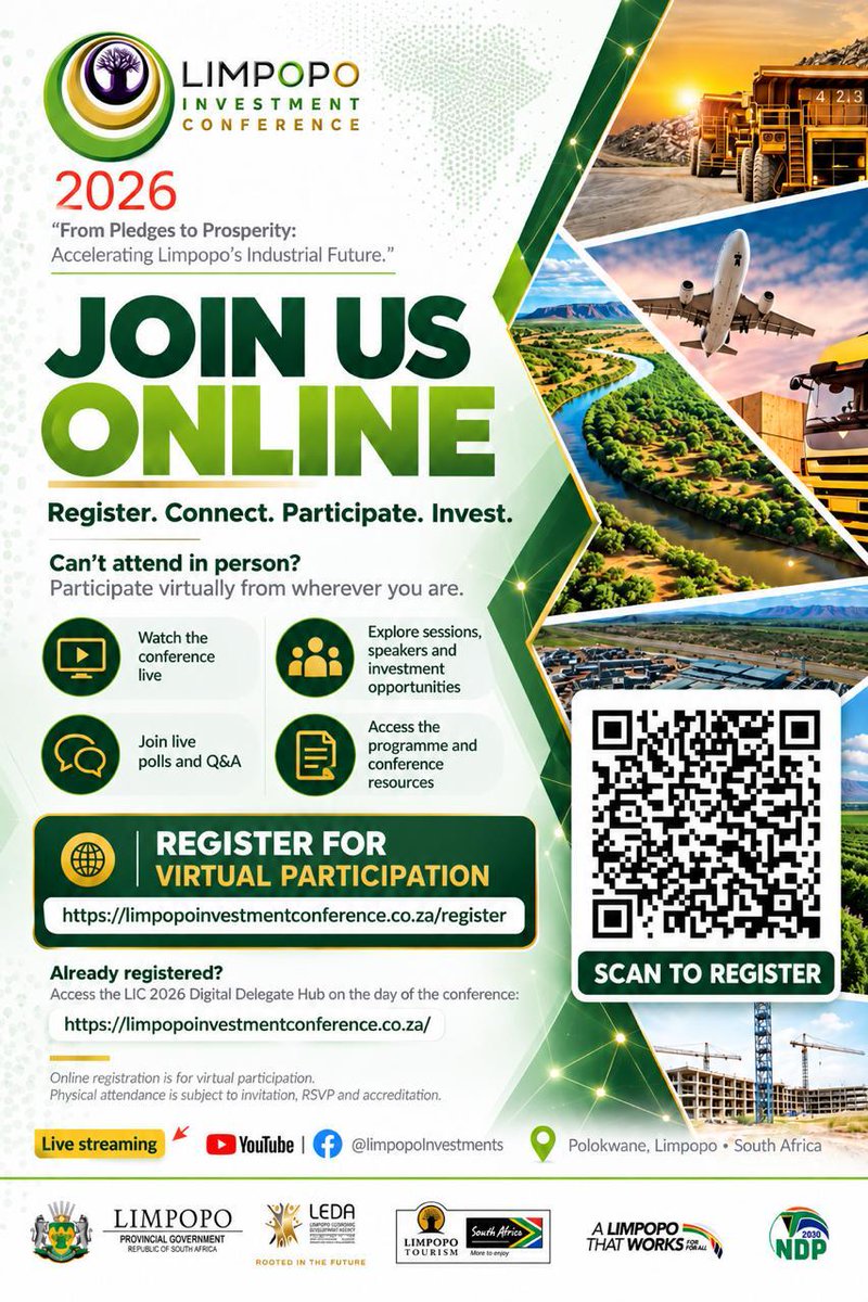 LimpopoLEDET's tweet photo. ⏳ Have you registered?
Can't attend #LIC26 in person? Join the 2026 Limpopo Investment Conference online and be part of the conversations shaping Limpopo's industrial future.
📲 Register now: Register for Virtual Participation
Register. Connect. Participate. Invest.
#LIC26 https://t.co/2LALggRiTP
