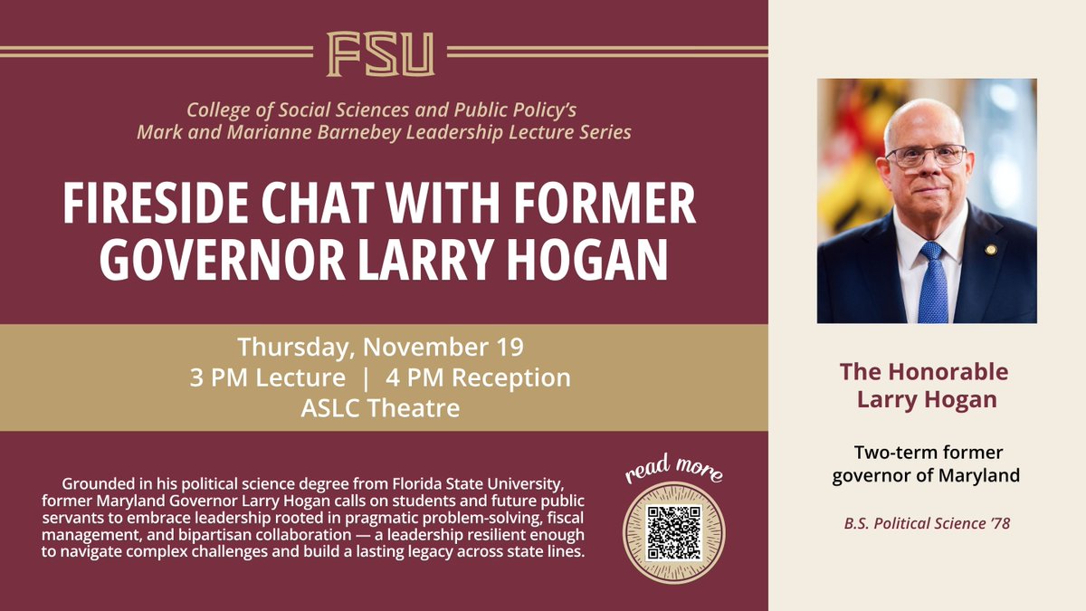 FSUCOSSPP's tweet photo. Join us for the Barnebey Leadership Lecture featuring FSU alumnus &amp; former MD Gov. @LarryHogan! 🍢
🗓️ Thurs, Nov 19🕒 3 PM Lecture | 4 PM Reception📍 ASLC Theatre
Don't miss his insights on leadership, public service, and bipartisan collaboration.
Details: https://t.co/YH0NNaJuB5 https://t.co/G8ozktrMku