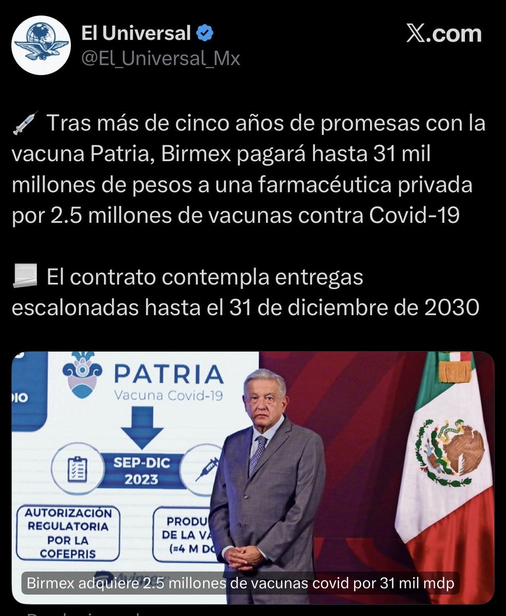 luis_gj's tweet photo. ¿Se acuerdan de la famosísima vacuna Patria que tanto presumía López Obrador?

Pues otra de las grandes promesas incumplidas de Morena. Después de años de propaganda, ahora resulta que Birmex gastará hasta 31 MIL MILLONES de pesos comprando vacunas a una farmacéutica privada.

¡Otra mentira más del narcogobierno de Morena!