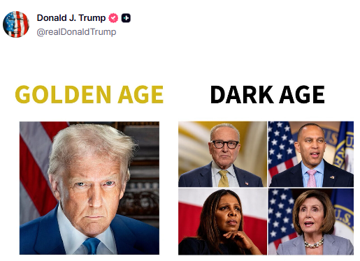 GuntherEagleman's tweet photo. 🚨 PRESIDENT TRUMP JUST SUMMED UP THE MIDTERMS IN ONE IMAGE.

On one side, the GOLDEN AGE.

On the other, Chuck Schumer, Hakeem Jeffries, Letitia James, and Nancy Pelosi.

That's the choice in November, and it isn't close.

VOTE RED. https://t.co/59k8yHe8uW