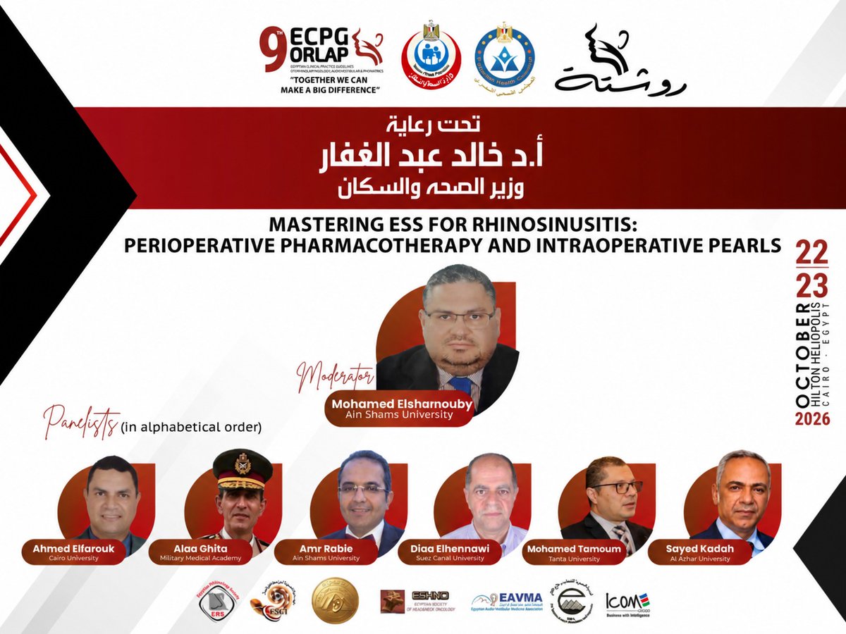 RhinoEgypt's tweet photo. Another expert panel you won’t want to miss!

The 9th ECPG ORLAP 2026 explores key advances in rhinology and endoscopic sinus surgery, moderated by Prof. Mohamed Elsharnouby.

EGP Registration Link: https://t.co/0cC24bNrvk
USD Registration Link : https://t.co/EWtf22elUJ https://t.co/OE6ezo0ivR