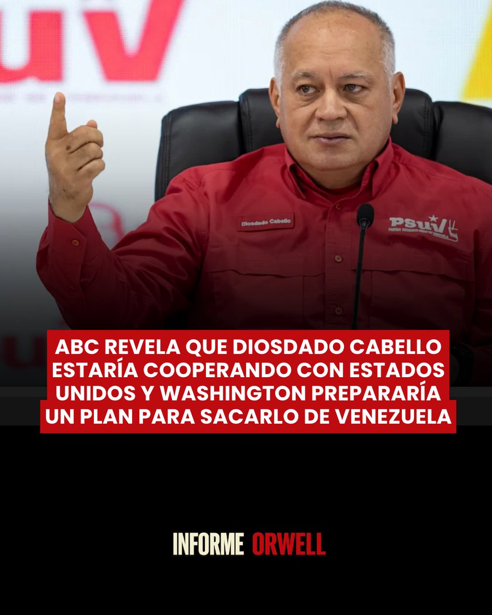 InformeOrwell's tweet photo. 🚨🇺🇸🇻🇪 | Diosdado Cabello estaría colaborando con las autoridades estadounidenses y Washington tendría un plan para facilitar su salida de Venezuela, según una investigación de David Alandete publicada por ABC.

Fuentes de inteligencia citadas por el diario señalan que Cabello habría facilitado la entrega de Alex Saab y la captura de Raúl Gorrín, mientras pierde influencia sobre estructuras militares y represivas del régimen venezolano.