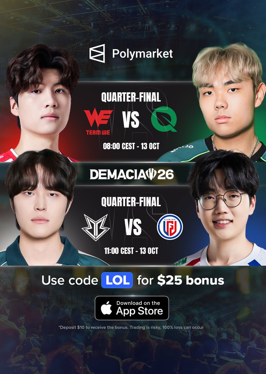 PolymarketLoL's tweet photo. 🚨 Demacia Cup - Quarterfinals - Day2

🇨🇳 WE ⚔️ FLY 🇺🇸
🇰🇷 BRO ⚔️ LGD 🇨🇳
🔗https://t.co/2605Nu0UlL

▫️who is making it to Semifinals?  🤔 https://t.co/S98M0UGdBz