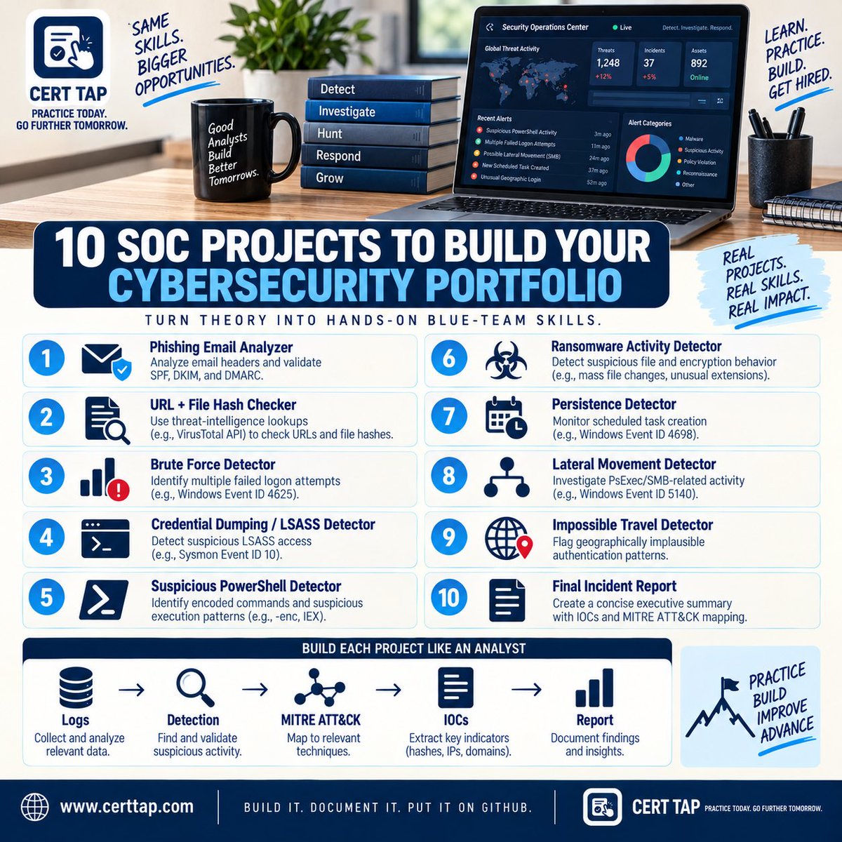 certtap's tweet photo. Hands on experience can be difficult to come by, these 10 SOC projects look great on a resume and allow you to get work-adjacent experience! https://t.co/ucPvWlvXTg