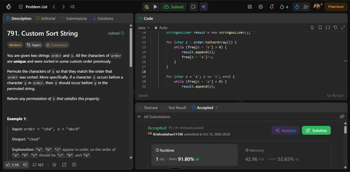 Krishna11156's tweet photo. Today's DSA Insight
Custom ordering doesn't need custom sorting logic
A priority map turns the problem into a simple comparison
791, Custom Sort String
#LeetCode #DSA #Java #Programming https://t.co/dM6tGUzBgJ