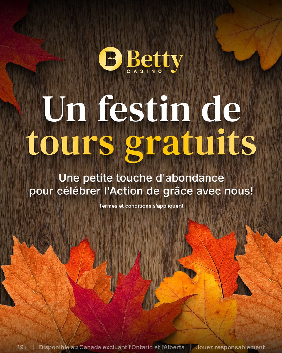 playbettycom's tweet photo. Joyeuse Action de grâce! 🍂 Pour célébrer la saison de la gratitude et du partage, on t'offre un festin de tours gratuits.

👉 Connecte-toi dès aujourd'hui pour profiter de tes tours gratuits sur https://t.co/ohx6q8nG96!
Termes et conditions s'appliquent.
-
Happy Thanksgiving! 🍂 To mark the season of gathering and gratitude, we’re serving up a feast of free spins just for you.

👉 Log in today to enjoy your free spins on us at https://t.co/ohx6q8nG96!
Terms and conditions apply.

#betty #playbetty #thanksgiving