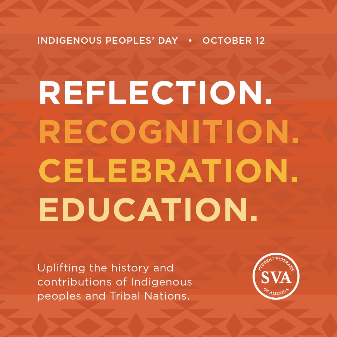 studentvets's tweet photo. Today is Indigenous Peoples’ Day, a day of reflection, recognition, celebration, and education. Honoring Native history means letting Native people tell it. We honor Tribal Nations and Native veterans in our chapters.

#WeAreSVA #SVALeads #StudentVeterans #IndigenousPeoplesDay https://t.co/KyT58BrEEi