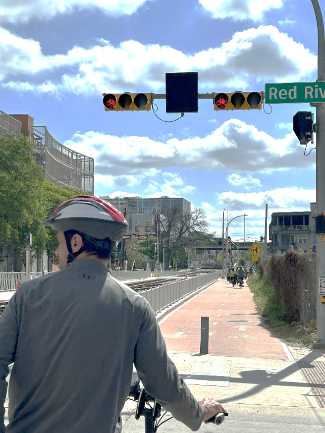 TxDOT's tweet photo. October is National Pedestrian Safety Month.  Texas has many shared-use paths that make active transportation options safe and easy to commute around the state.  #TxDOTBikePed https://t.co/Rzsb846lN4