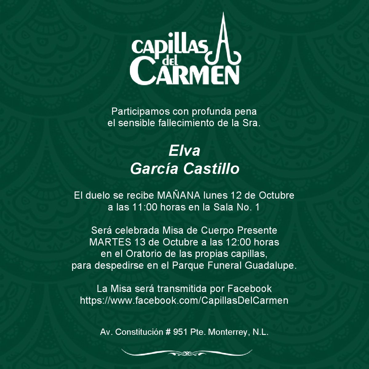 CapillasCarmen's tweet photo. #SraElvaGarcíaCastillo
#FunerariasEnMonterrey #FuneralesenMonterrey #CapillasEnMonterrey #PlanesDePrevisión #ServicioDeCremación #ServicioDeVelación #ServicioDePanteón #AsistenciaTanatológica #ServiciosFunerarios #CapillasdelCarmentrasladosnacionaleseinternacional https://t.co/ZJHPsMW4jV