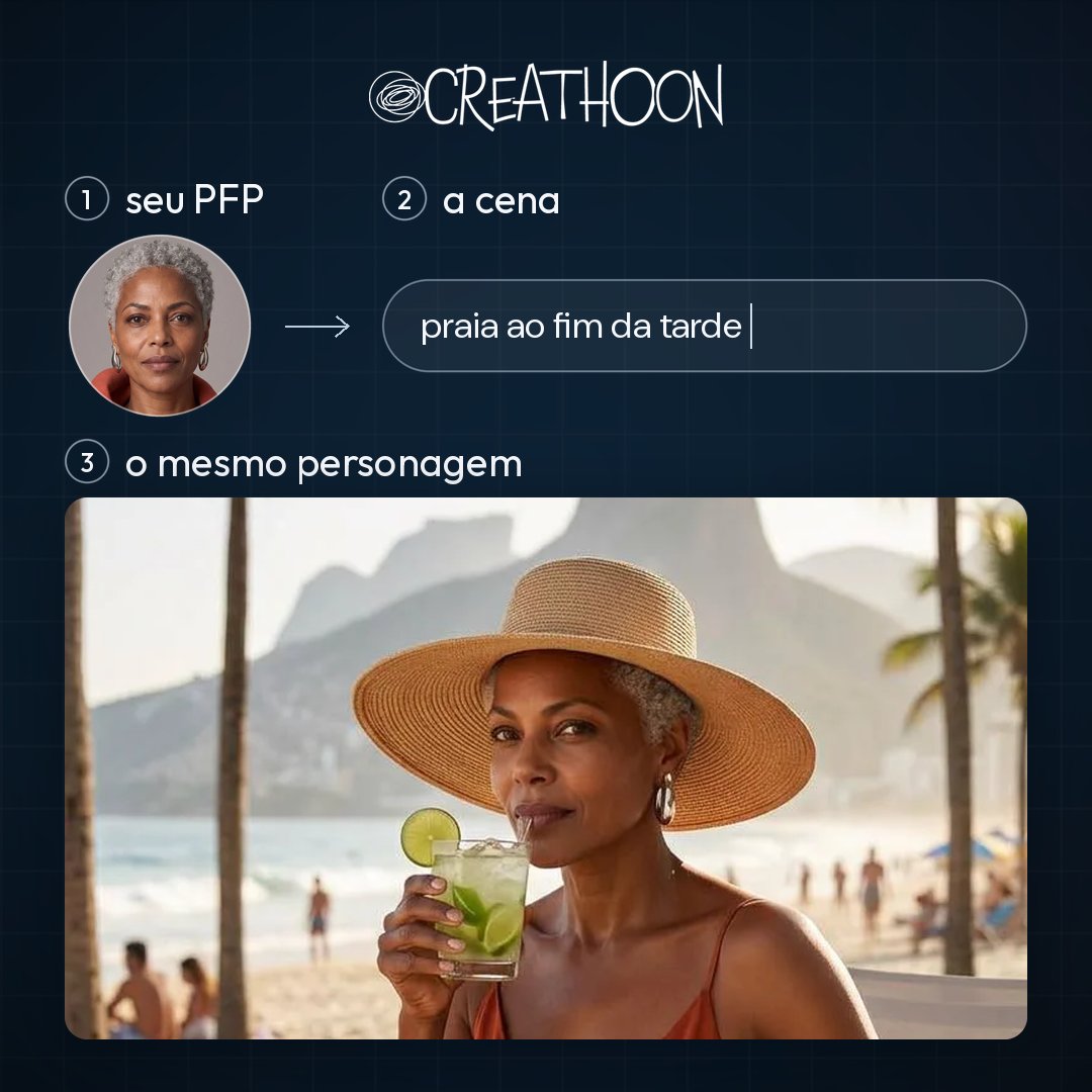 CreathoonAI's tweet photo. A forma mais fácil e rápida de criar seu Avatar é no Creathoon:

1. Você sobe seu PFP
2. Descreve só a cena: praia, galeria
3. Sai o mesmo personagem em cada uma

Sem treinar LoRA, sem Discord. Testa com o seu PFP:
https://t.co/88rYAWE7D0 https://t.co/pJbHTkxlUH
