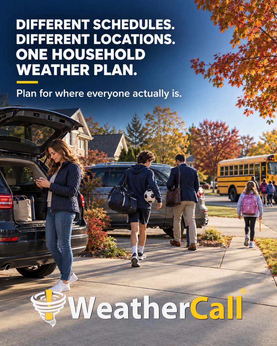 WeatherCallLLC's tweet photo. By midmorning, one household may be at work, school, practice, and on the road.

Make sure everyone knows how warnings will reach them and what to do where they are.

WeatherCall NexGen can add location-based notifications to your plan.

[https://t.co/iAalyAGIYa] https://t.co/kLk6EQZZB6