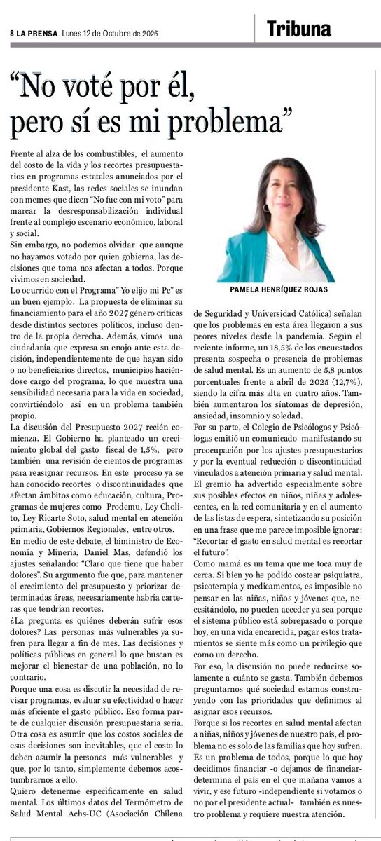 pahenriquezr's tweet photo. Les invito a leer mi columna de opinión "No voté por él, pero sí es mi problema". #prespuesto2027 #politicaspublicas #chile https://t.co/qreo0oRRNb