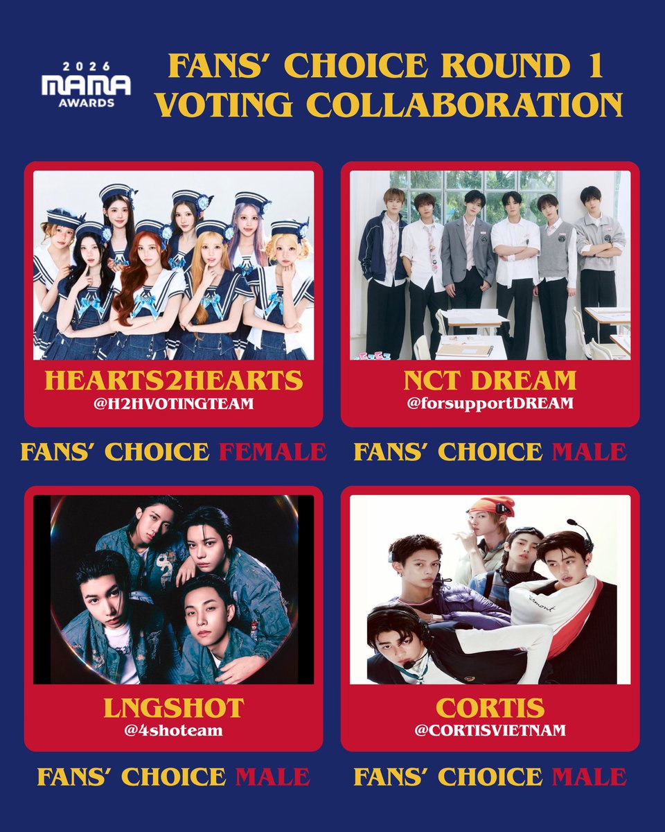 H2HVOTINGTEAM's tweet photo. [🗳️] 2026 MAMA FANS’ CHOICE ROUND 1 VOTING COLLABORATION 

S2U, it’s reset time! You can vote again now. Cast your votes for Hearts2Hearts and our collabs.

🔸 Female Artists: HEARTS2HEARTS
🔹 Male Artists: NCTDREAM, LNGSHOT, & CORTIS

📍 : MNET PLUS App
🔚 : 22 October, 23.59 KST
☑️ : 3 votes per each category (Male/Female)

💬 Reply your voting certificates with:
“I vote #Hearts2Hearts for Fans’ Choice Female #2026MAMAVOTE”

🔁 RT this post + all posts with the hashtags!