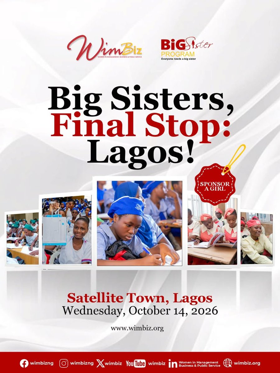 Wimbiz's tweet photo. Every girl deserves the chance to see beyond her circumstances and imagine a future filled with possibilities. 

As the Big Sister Program makes its final stop in Lagos, we continue to create spaces where girls can learn, grow, build confidence and see what is possible when someone invests in their potential.

You can help make that possible. Sponsor a girl today via the link below and be part of the difference in her journey.
https://t.co/ZfOQbulcWb

#WIMBIZ #BigSisterProgram #SponsorAGirl #GirlsEmpowerment #Mentorship