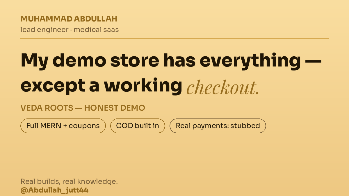 Abdullah_jutt44's tweet photo. My demo store has products, coupons and COD — but no real payment gateway. Just a card stub.

As a lead engineer at a medical SaaS, I show what works AND what's missing.

Which would you hire: the dev who hides the gaps, or the one who points them out? https://t.co/vluWgDxXGJ