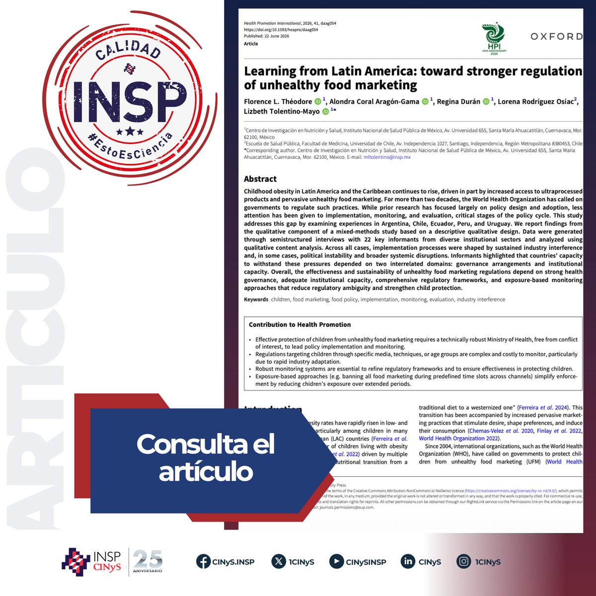 1CINyS's tweet photo. Este estudio del CINyS-INSP analiza la implementación, monitoreo y evaluación de regulaciones sobre marketing de productos no saludables en cinco países latinoamericanos 📺🌎

Identifica la interferencia de la industria y la inestabilidad política como barreras, y destaca la gobernanza, la capacidad institucional y sistemas robustos de monitoreo como claves para proteger a las #infancias 🧒🏻👧🏻

🔗 Lee el artículo: https://t.co/QTFlItFi9g
#OrgulloCINyS #OrgulloINSP