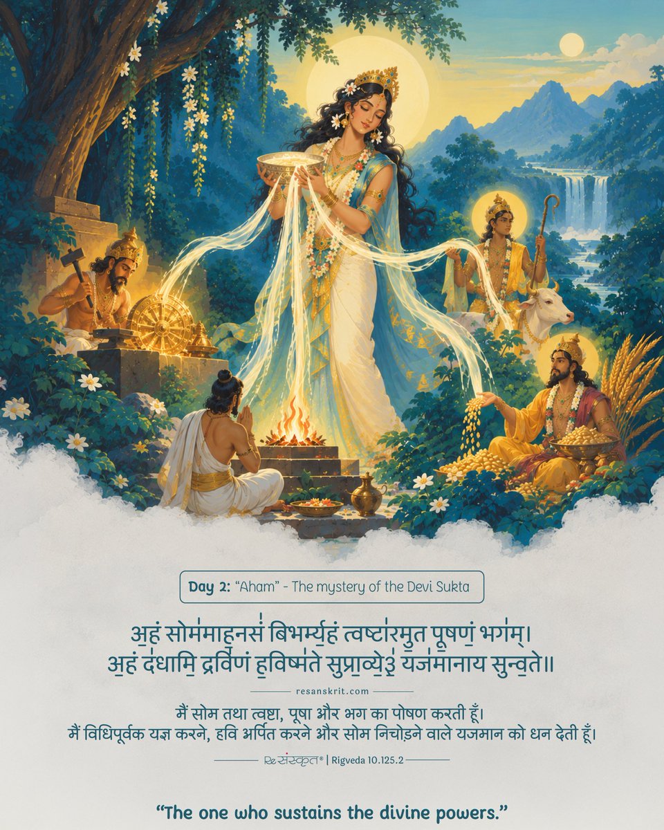 AjayjainAjay's tweet photo. Day 2 of our Navaratri journey through the Devī Sūkta.

She sustains the divine powers of vitality, creation and nourishment, and bestows prosperity upon those who make sacred offerings.
Discover how Śakti sustains the forces that make life flourish. 🙏💐
#Navaratri #DeviSukta https://t.co/wdcHS218kW