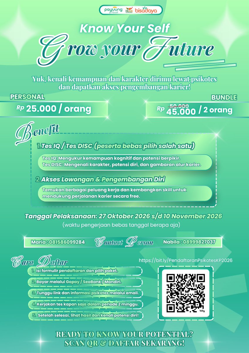 sipalingkarina's tweet photo. Bingung soal potensi diri dan arah karier? Yuk, ikutan psikotes! 🧠
🎯 Tes IQ/DISC
💼 Akses lowongan pekerjaan
💸 Rp25K/orang | Rp45K berdua
📅 27 Okt – 10 Nov 2026
🔗 Daftar: https://t.co/YZtk9MPw0r
📞 Nabila: 08999827037
📞 Maria: 081586099284
#TesIQ #TesDISC https://t.co/cYCRPVG53u