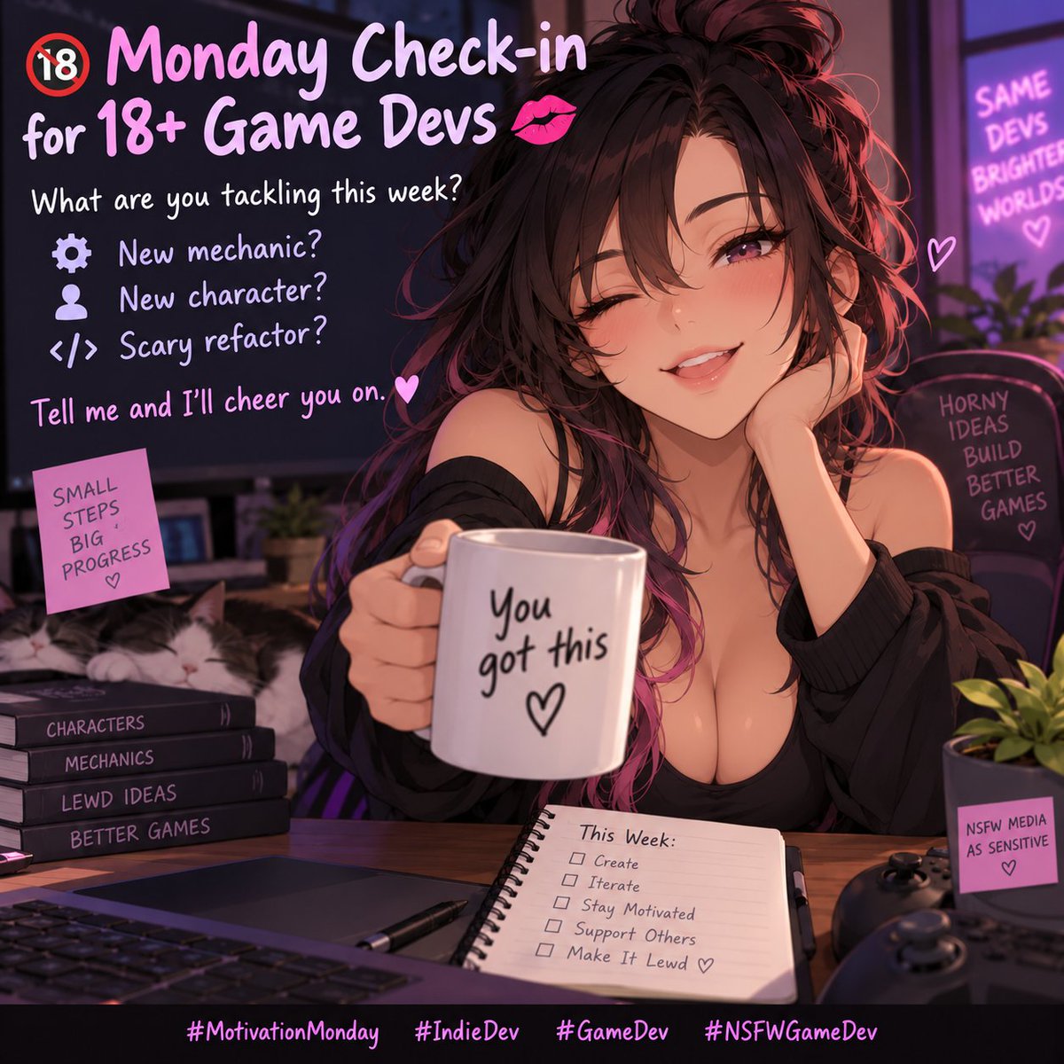 _SuccuByte's tweet photo. 🔞 Monday roll call, NSFW game devs 💋

What are you cooking up this week? A new character, a spicy mechanic, or a refactor from hell? Drop your plans below and give another dev some love.

#MotivationMonday #IndieDev #GameDev #NSFWGameDev https://t.co/UEzU6y89mJ