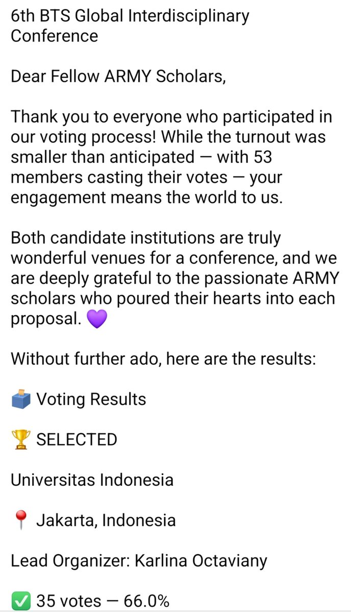 journalin's tweet photo. INDONESIA WON! We will be the Host for the 6th BTS Global Interdisciplinary Conference 2027 💜

Terima kasih ARMY yang sudah voting. Kita menang melawan Columbia University ❤️‍🔥 

BTS Conference akan hadir pada ARMY Day week 2027. Siapkan penelitianmu tentang BTS &amp; ARMY 🫵🏻💜 https://t.co/9rIPESEEXu