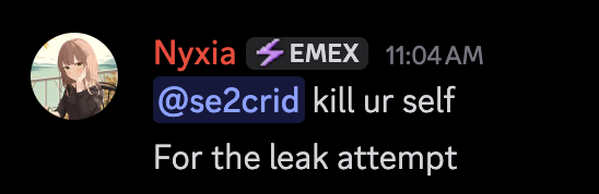 leviidev01's tweet photo. @cantstopnyxia

It is incredibly immature to tell someone to end their life over a leak. I hope you grow more mature and learn of your actions, as this is just unacceptable. Regardless of what happened, you cannot justify telling someone to kill themselves. https://t.co/LZPgUnf1bl