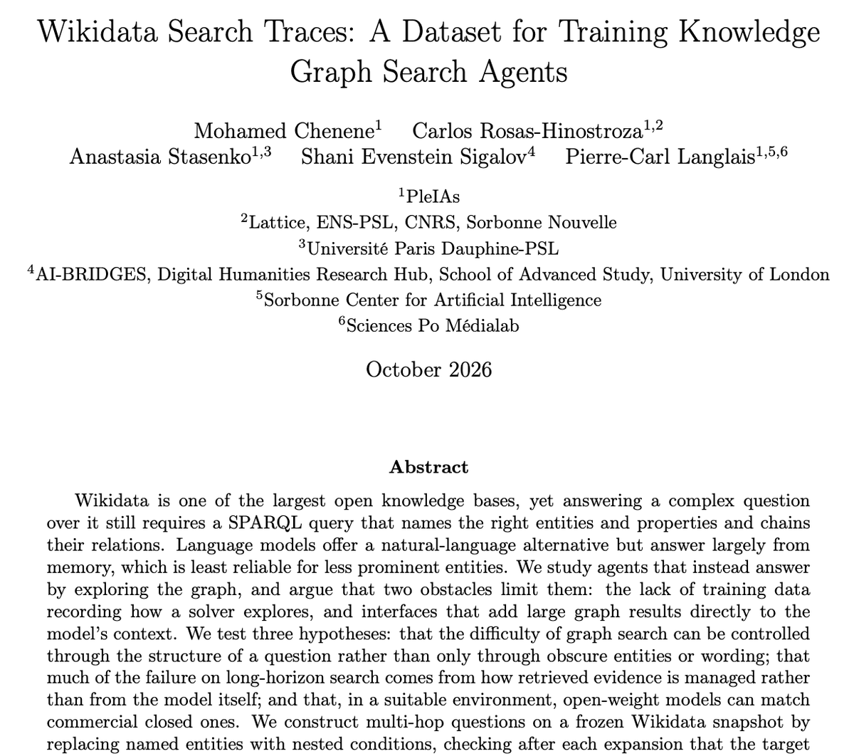 Dorialexander's tweet photo. An new Pleias paper: in collaboration with AI Bridges and @Wikimedia Deutschland we developed a new harness for complex semantic search over the largest knowledge database, @wikidata https://t.co/YqCRK76KTK