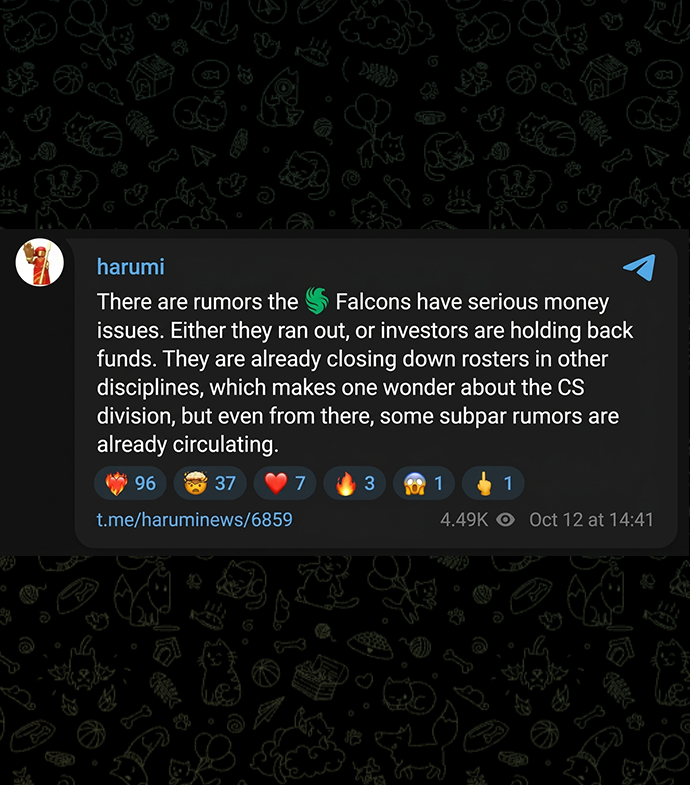 NartOutHere's tweet photo. ‼️ Earlier today, insider @_harum1  shared rumours that Falcons are facing serious financial problems and have already started shutting down rosters in other esports

With reports now emerging about a potential m0NESY transfer, could the move be connected to Falcons' rumoured financial troubles? 🤔