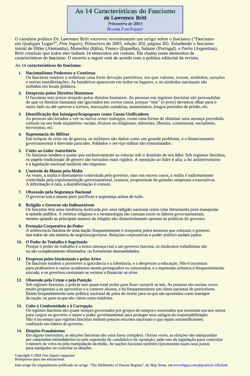 iam_g4bii's tweet photo. Lendo um artigo sobre o Holocausto, acabei encontrando isso. O artigo é em inglês, então resolvi traduzir pro português. Mas é muito importante saber de todos esses sinais para evitar um governo fascista. LEIAM!

https://t.co/ulM23679jQ https://t.co/9rMggAhsIz