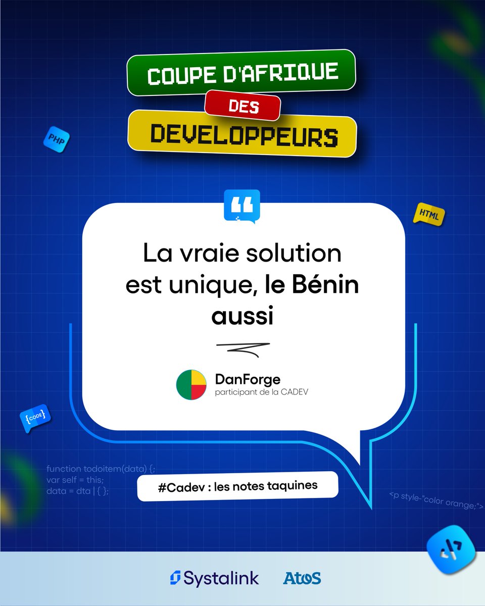 systalink's tweet photo. « Quand le code porte les couleurs du pays. 🇧🇯💻

Rejoins la compétition en ligne, c’est maintenant !

https://t.co/rRq0cvHD9U

#CADEV2026 #vibecoding #100DaysOfCode #AI #buildinpublic #Kebetu #Benin #Cotonou https://t.co/nZPcu8tEMc