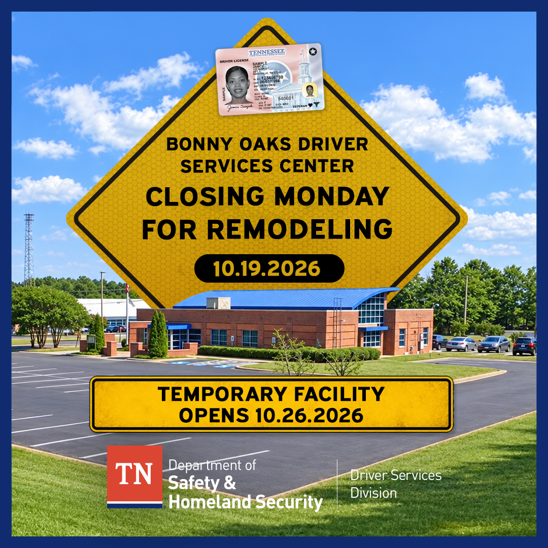 TNDeptofSafety's tweet photo. Bonny Oaks Driver Services Center will close for remodeling Oct. 19. The temporary on site facility will open starting Oct. 26; card payments only, no knowledge testing. For knowledge tests, visit Red Bank at 4873 Dayton Blvd. in Chattanooga.
Learn More: https://t.co/IKtYmVsnu0 https://t.co/gnnZoz05gy