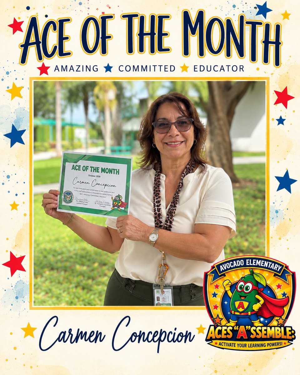 AvocadoAces's tweet photo. Pow!💥 Congrats to our Oct. ACE of the Month Hero, Ms. Concepcion! 👏🥑 A true team player, she was able to step into a different role mid quarter with enthusiasm and positivity. Keep being Super! 🤩🦸🏻‍♀️⭐️ #AmazingCommittedEducator #AvocadoAces @MDCPSSouth @MiamiSupt @MDCPS https://t.co/7alMm1CgIi