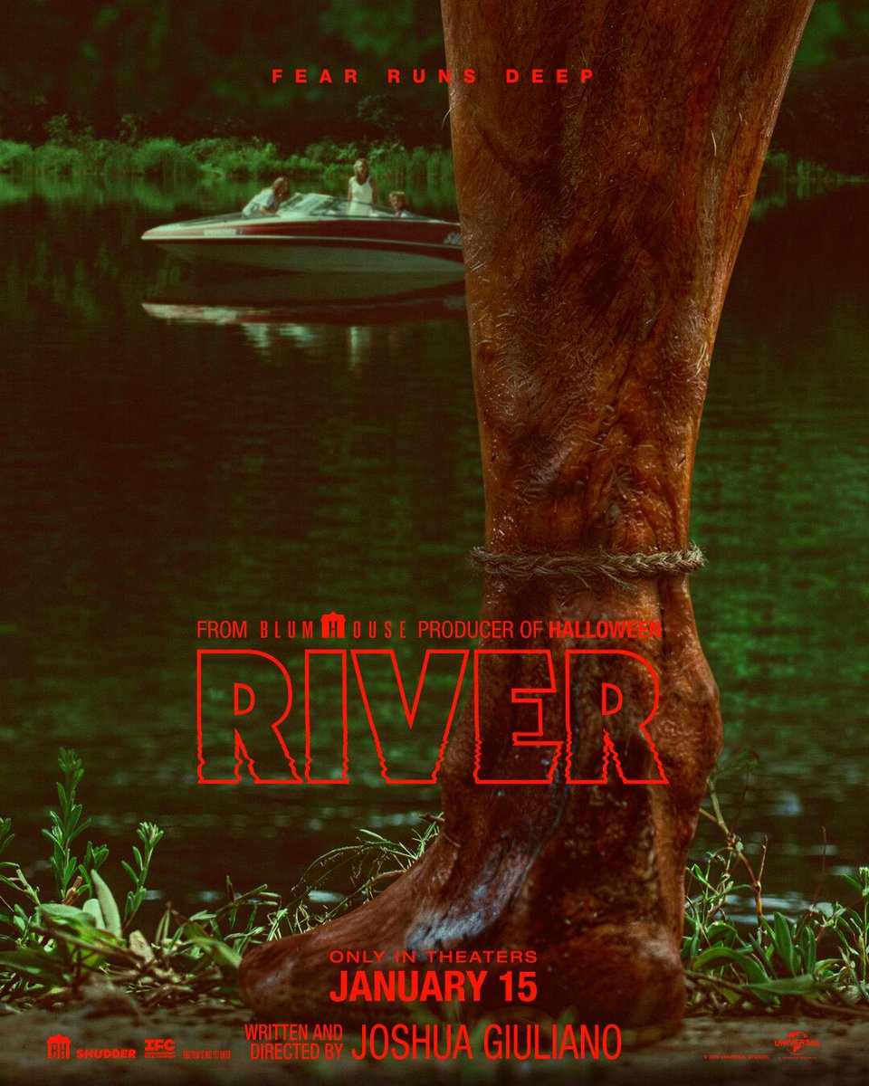 DiscussingFilm's tweet photo. First poster for ‘RIVER’, a new slasher film starring Jessica Rothe &amp; Jane Levy.

The film follows 3 estranged siblings who find themselves stranded on a broken-down boat &amp; tormented by a serial killer. https://t.co/mSmUirLn0Z