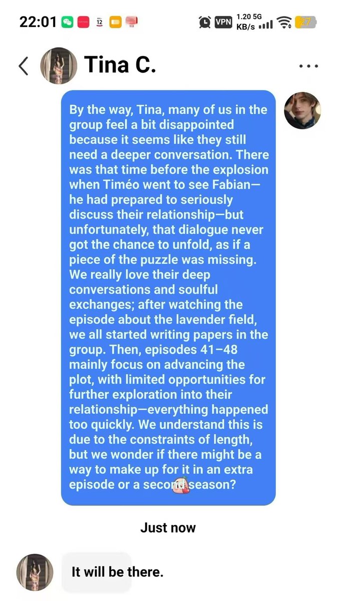 Celeste5rwz's tweet photo. For everyone who have doubts about the ending of S1, here's Tina's reply. Original text is in Chinese. Translated by AI, so some flaws may exist. Sorry for any mistakes.
#ARhapsodyForTheCrownPrince
#Timéo
 #Fabian https://t.co/l4skDaMlow