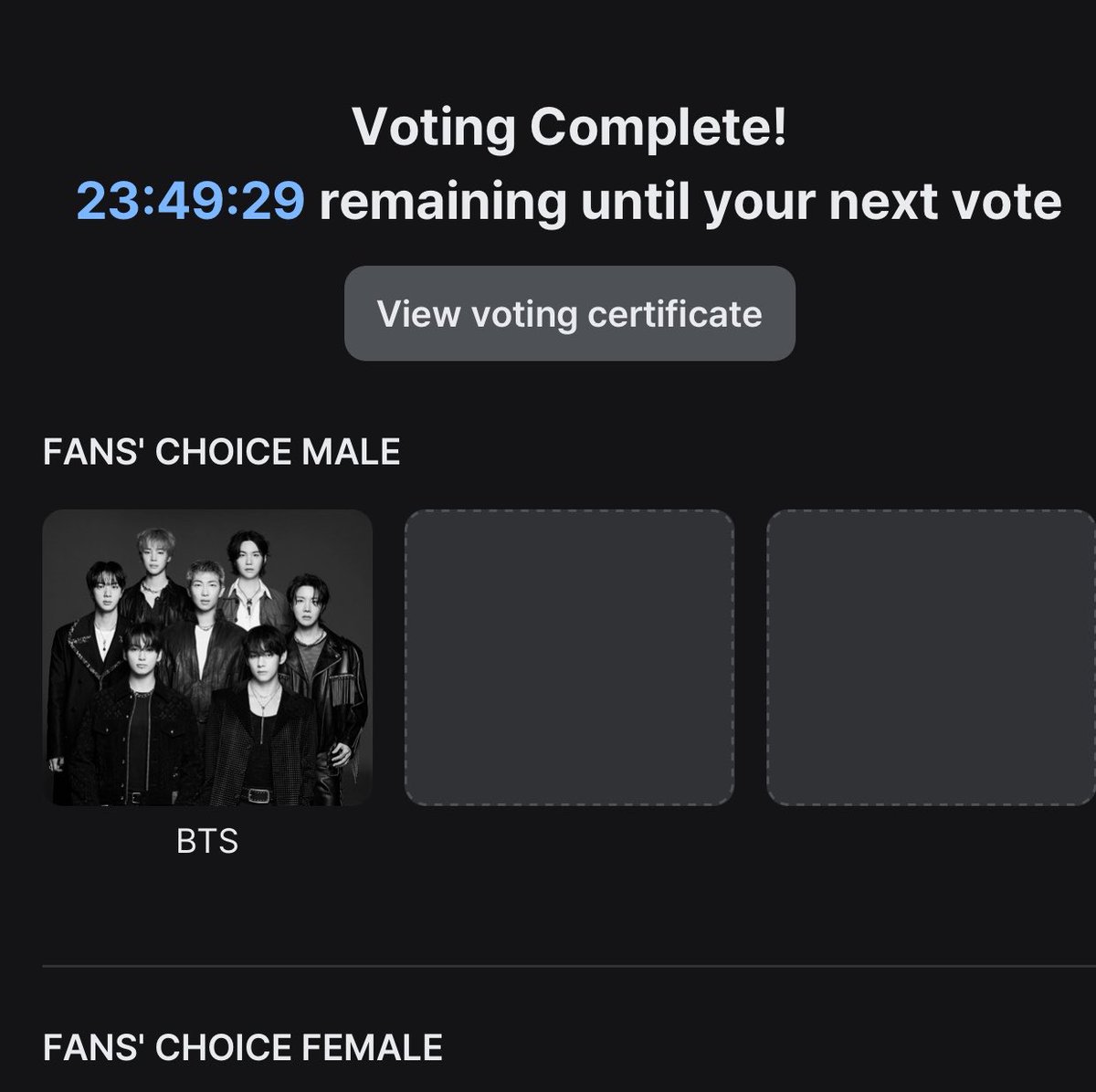 tksovers's tweet photo. Voting has reset !! 
Cast your votes again for BTS 👏 https://t.co/Ak28LLvw62