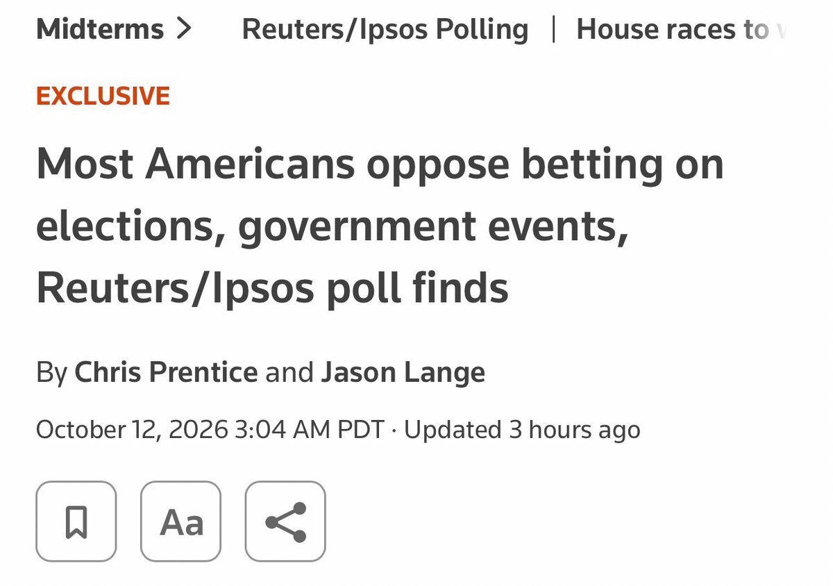 CapitalWire__'s tweet photo. How to make a poll say what you want:

Barely explain what prediction markets are.
“Do you like war?”
“Do you like betting on war?”
“These markets are gambling. Do you support gambling?”
“Prediction markets are horrible. Do you support prediction markets?”
Gather and publish the results.
Make sure to call it an unbiased poll.

Another episode of the agenda-driven journalism series. 🤡

https://t.co/27dMz0JK08