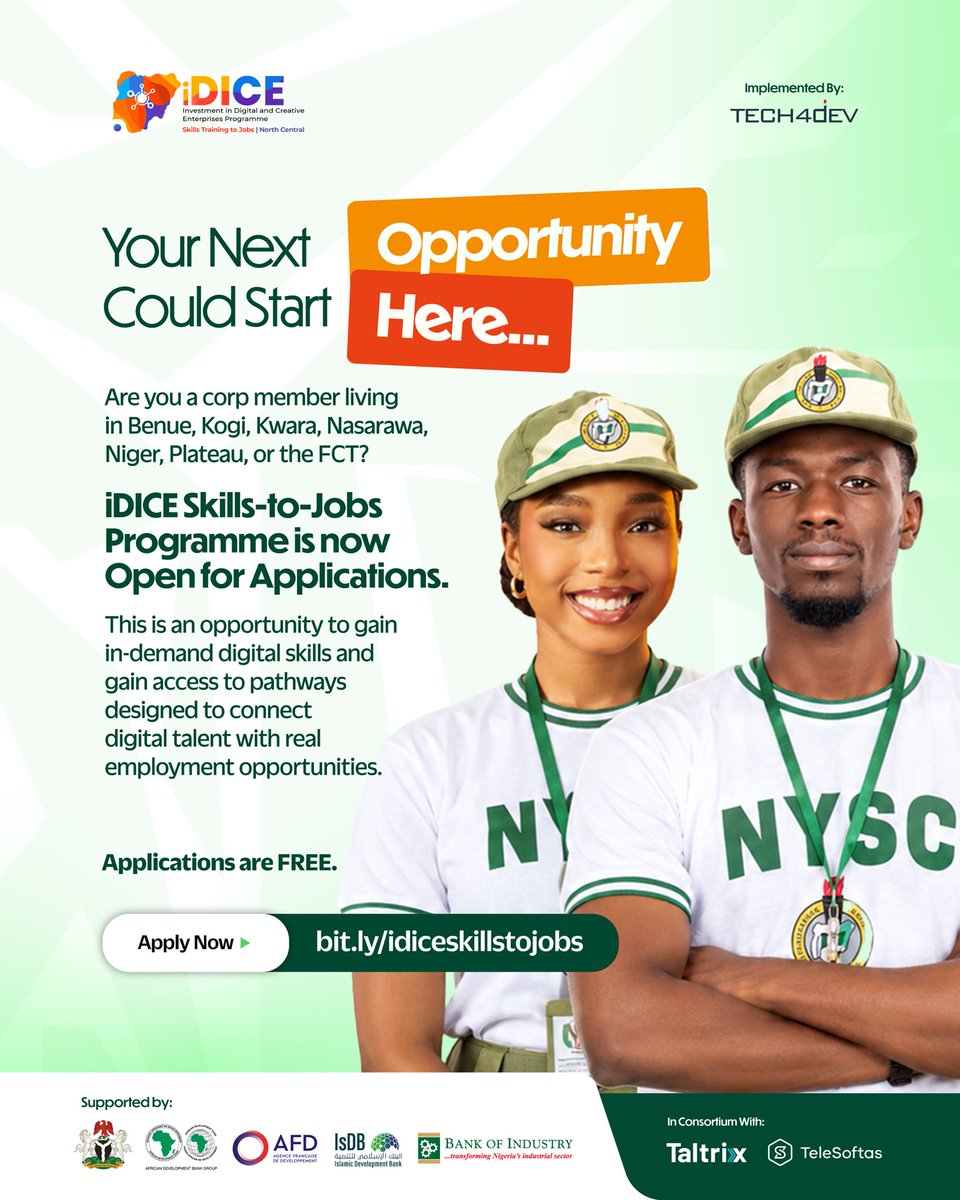 Tech4DevHQ's tweet photo. Be honest… was this the state you picked, or did NYSC simply say, *“We have decided for you”?* 😭

If you were posted to Benue, Kogi, Kwara, Nasarawa, Niger, Plateau or the FCT, comment your state below. 👇🏽
.

👉🏽 Register: https://t.co/tenIk09NKU
.

Now that you’re here, you have three weeks in camp and a whole NYSC year ahead of you. Beyond the drills, camp activities and new friendships, you can also use this time to start building a skill that could open doors during and after your service year.

With the FREE iDICE Skills-to-Jobs Program, you can gain practical, job-ready skills in:

• UI/UX
• Graphic Design
• Coding
• Cybersecurity
• Data Analysis
• Digital Marketing
• Content & SEO
• Creative Arts
• Fashion Design
…and more.

Because you may not have chosen the state, but you can choose what you make of the opportunity. 😉

📍 80% of trained participants gain access to verifiable job opportunities.

👉🏽 Register: https://t.co/tenIk09NKU

Register today, start building your skills, and make your NYSC year count.

#iDICE #SkillsToJobs #NYSC #NYSC2026 #Corpers #DigitalSkills #CareerOpportunities #CreatingEconomicProsperity
