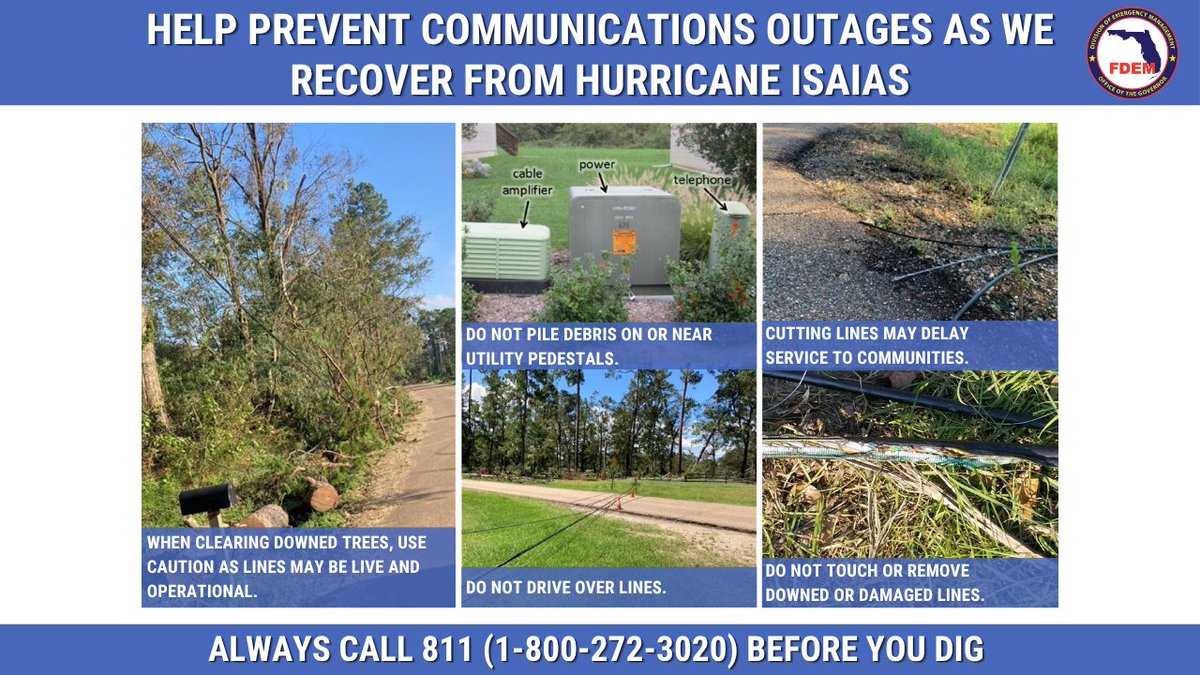 FLSERT's tweet photo. ⚠️ As Florida recovers from Hurricane #Isaias, help prevent additional communications outages!

Damaged communication lines can disrupt 911 services, emergency response efforts & connectivity for impacted communities.

🌳 Never touch or cut downed lines when clearing debris.
🚫 Do not drive over or attempt to move damaged lines.
⚡ Keep debris away from utility equipment.
📞 Report downed or damaged lines to your utility provider.

Remember, always call 811 before you dig!