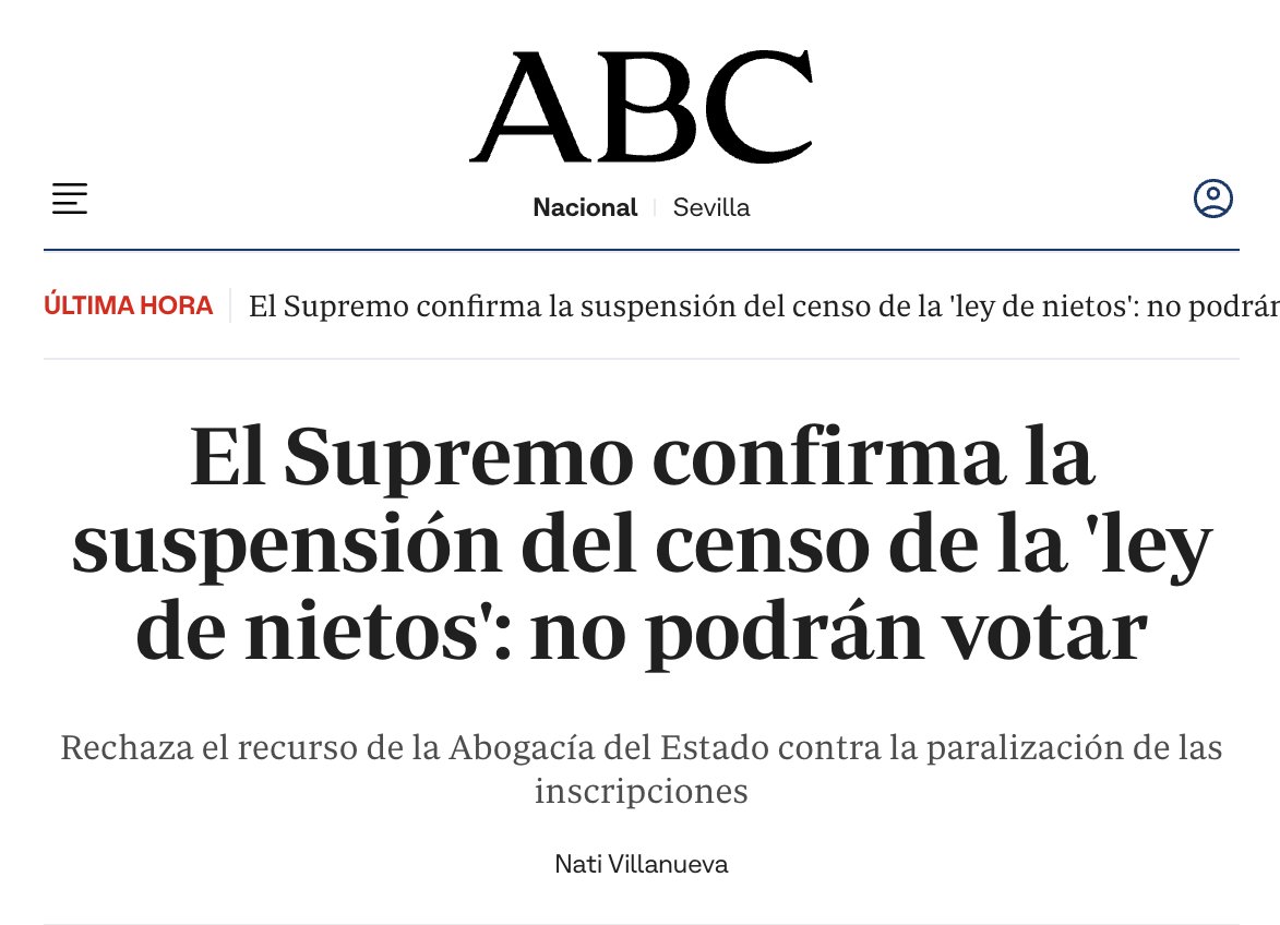 ChGefaell's tweet photo. El Tribunal Supremo acaba de confirmar lo que era evidente: los nacionalizados fraudulentos por la Ley de Nietos no van a poder votar el 29-N.

Con mucha probabilidad, el gobierno, en vez de acatar, va a hacer todo lo posible por pisotear la sentencia. Se la va a intentar saltar de facto, sin el menor rubor. Va a movilizar a Pumpido y a todo el aparato judicial que controlan. Si hace falta, van a intentar quemar las calles, montar el circo de perroflautas de siempre y presentar como víctimas a quienes han sido usados como carne de cañón para cambiar el censo.

Se van a inventar un agravio con los nietos de exiliados cuando lo que de verdad han intentado es colar cientos de miles de votantes en el censo sin el menor control sobre la veracidad de su ascendencia. Cero filtros. Cero rigor. Cero vergüenza.

Esto nunca ha ido de exilio. Nunca ha ido de nietos. Nunca ha ido de reparación.

Siempre ha sido lo mismo: cambiar el censo a las bravas, meter votantes afines a saco y, con la ayuda del Grupo de Puebla, silenciar el voto de los españoles que sí viven aquí o de los verdaderos hijos o nietos de exiliados. Una operación de ingeniería electoral en toda regla.
