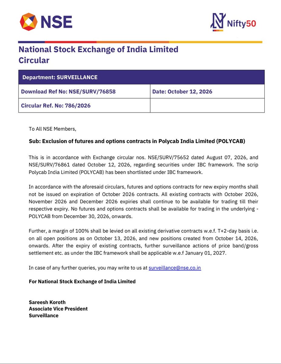 CNBCTV18Live's tweet photo. #JustIn | #NSE To Exclude Futures &amp; Options Contracts In #PolycabIndia

⏩Action Follows Shortlisting Of Scrip Under IBC Framework https://t.co/ZfsmWeTRRh