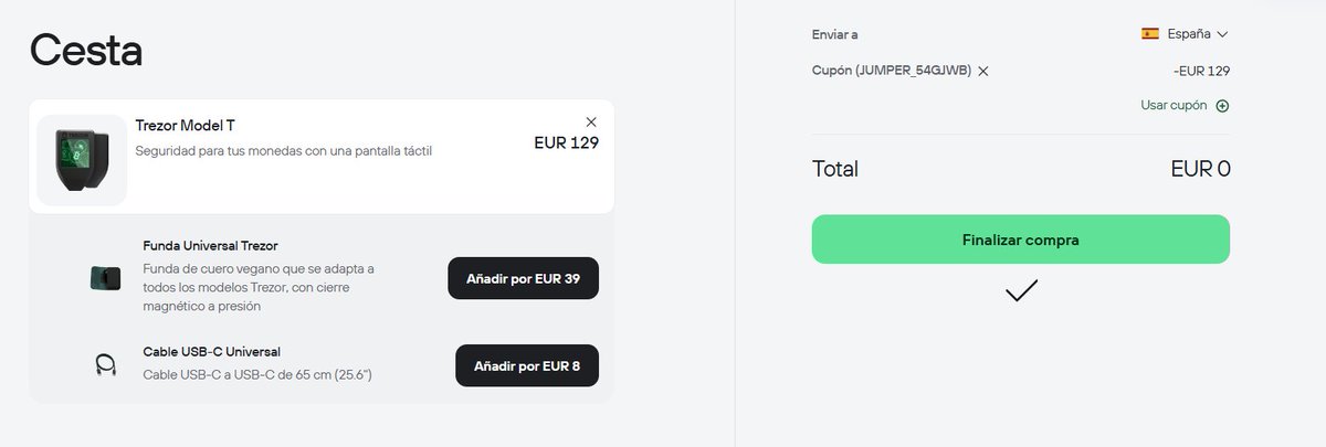SecretoDefi's tweet photo. ATENCIÓN 📢

Si tienes un nivel superiro al 10 en el Jumper Pass, puedes reclamar GRATIS una cold wallet de Trezor

Acaban de añadir esta nueva recompensa (también si tienes nivel 6 o más, tienes 40% de descuento) para los usuarios más fieles

Para comprobar si eres elegible, conecta tu wallet y te darán un código exlclusivo para ti con el que canjeas el dispositivo (sólo pagas los portes de envío, unos 12€ para España):

🔗 https://t.co/TUhFtlEGMg

Una vez dentro, clicas al enlace oficial y te lleva a la web de Trezor

ESTÁS COMPRANDO DIRECTAMENTE A TREZOR

Lo digo para que no haya dudas tras lo ocurrido en Ledger

Hay dos opciones para los que tienen +10 de nivel:

· Trezor Model T > 129€ (gratis)
· Trezor Model One > 49€ (gratis)

Si eres los de nivel inferior a 6, sólo puedes reclamar el Model One

Recuerda añadir el código en el carrito de compra y listo

Muy buena jugada por parte de @jumperapp y @Trezor 🤝

¿La vais a reclamar?