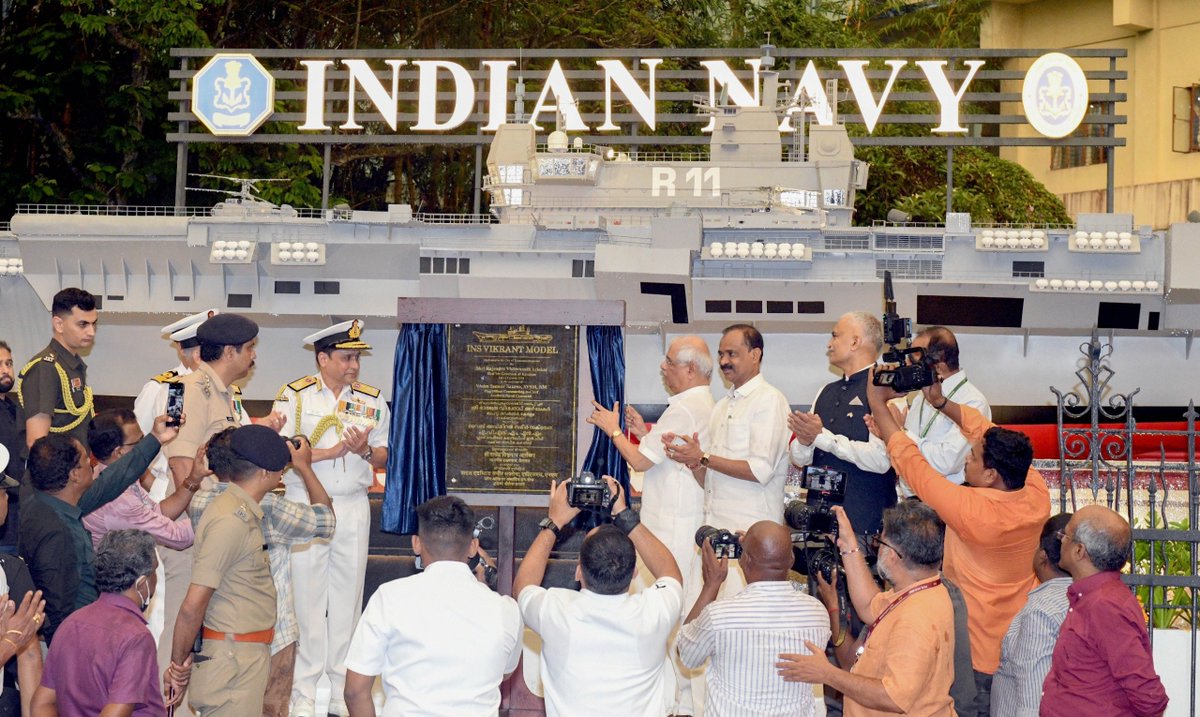 DefencePROTvm's tweet photo. A replica of the Indian Navy Warship #INSVikrant , India’s first indigenously built aircraft carrier, was dedicated to the city of Thiruvananthapuram by the Hon’ble Governor of Keralam Shri. Rajendra Vishwanath Arlekar at Museum Junction.  Vice Admiral Sameer Saxena, AVSM, NM, Flag Officer Commanding-in-Chief, Southern Naval Command,  Senior officials of the Govt. of Keralam, Indian Navy, Army, Coast guard, Veterans and other dignitaries  attended the ceremony.  
 INS Vikrant is India's first domestically built aircraft carrier and the largest warship ever constructed in the country.   Built at #CochinShipyardLimited  Kochi, the aircraft carrier reflects the nation’s growing technological capabilities and its commitment to #AatmanirbharBharat .

#MoD
#Indiannavy
#Airforce #IndianArmy
#Keralamlokbhavan
#NavalVeterans
#Coastguard
#PIB #DD #AIR