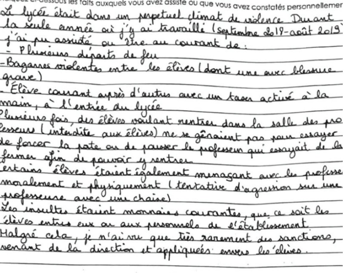 CaroCygnus's tweet photo. 1-Quand le #pasdevagues des écoles rentre en action,
voici ce qu'il se passe :
"Le lycée était dans un perpétuel climat de violence. Durant la seule année où j’y ai travaillé (septembre 2018-août 2019) j’ai pu assister ou être au courant de :
-Plusieurs départs de feu https://t.co/DXECjW71oc