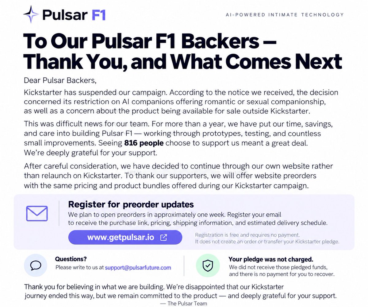 PulsarMotion's tweet photo. To our backers — thank you! 💜
Our Kickstarter campaign has been suspended, but Pulsar F1 isn't going anywhere.
We're moving forward with preorders on our website, honoring our Kickstarter pricing and bundles.
🔗 https://t.co/FZcfaMVRIC
✉️ support@pulsarfuture.com
Your support means everything. The journey continues. 🚀